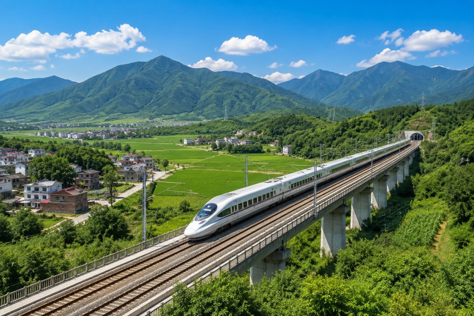 A Chinese high-speed train traveling through the countryside, representing the physical infrastructure that unifies the national market.