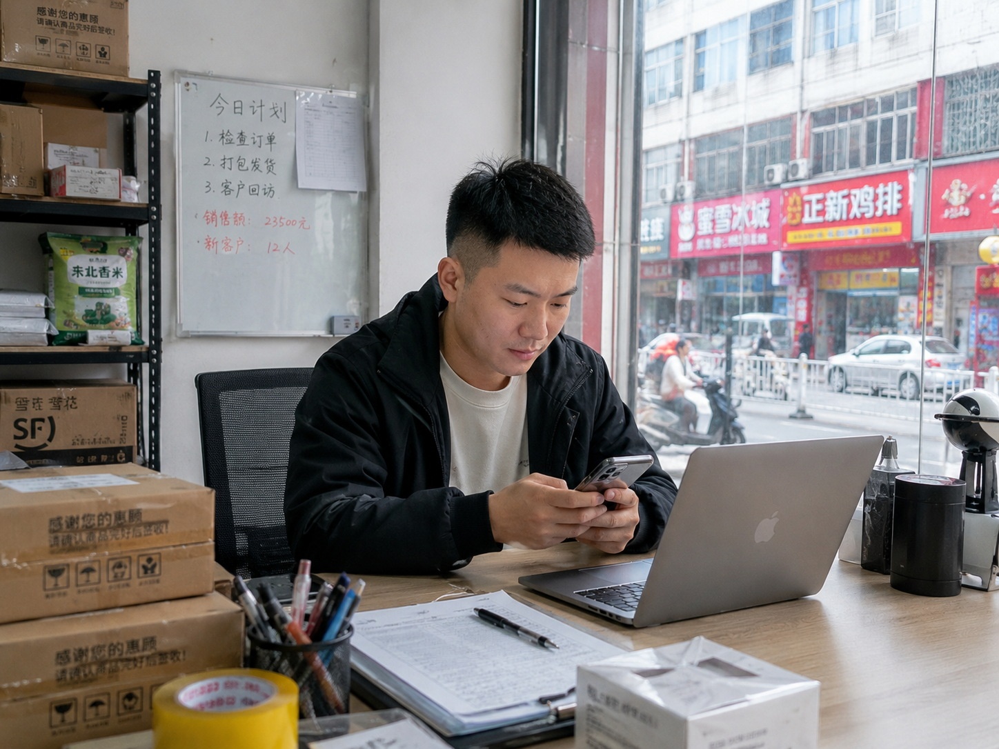 A small business owner in a tier-3 Chinese city managing e-commerce orders via smartphone, showcasing new market opportunities.