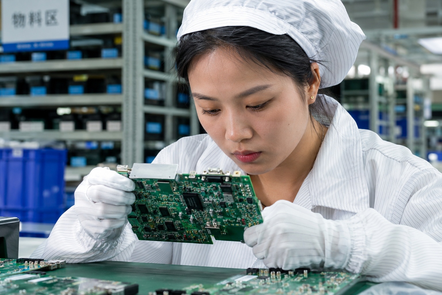 A worker inspecting electronic components in a modern Chinese manufacturing facility, illustrating the role of skilled labor in China's supply chain.