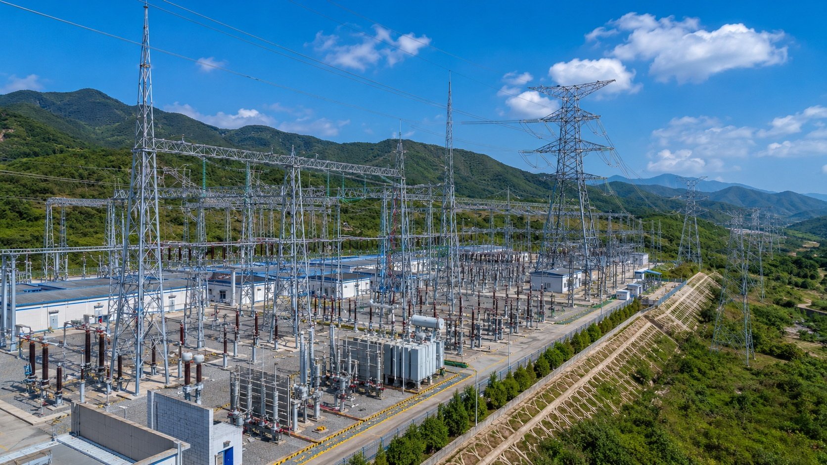 High-voltage power lines and an electrical substation in rural China, representing the West-to-East electricity transmission project.