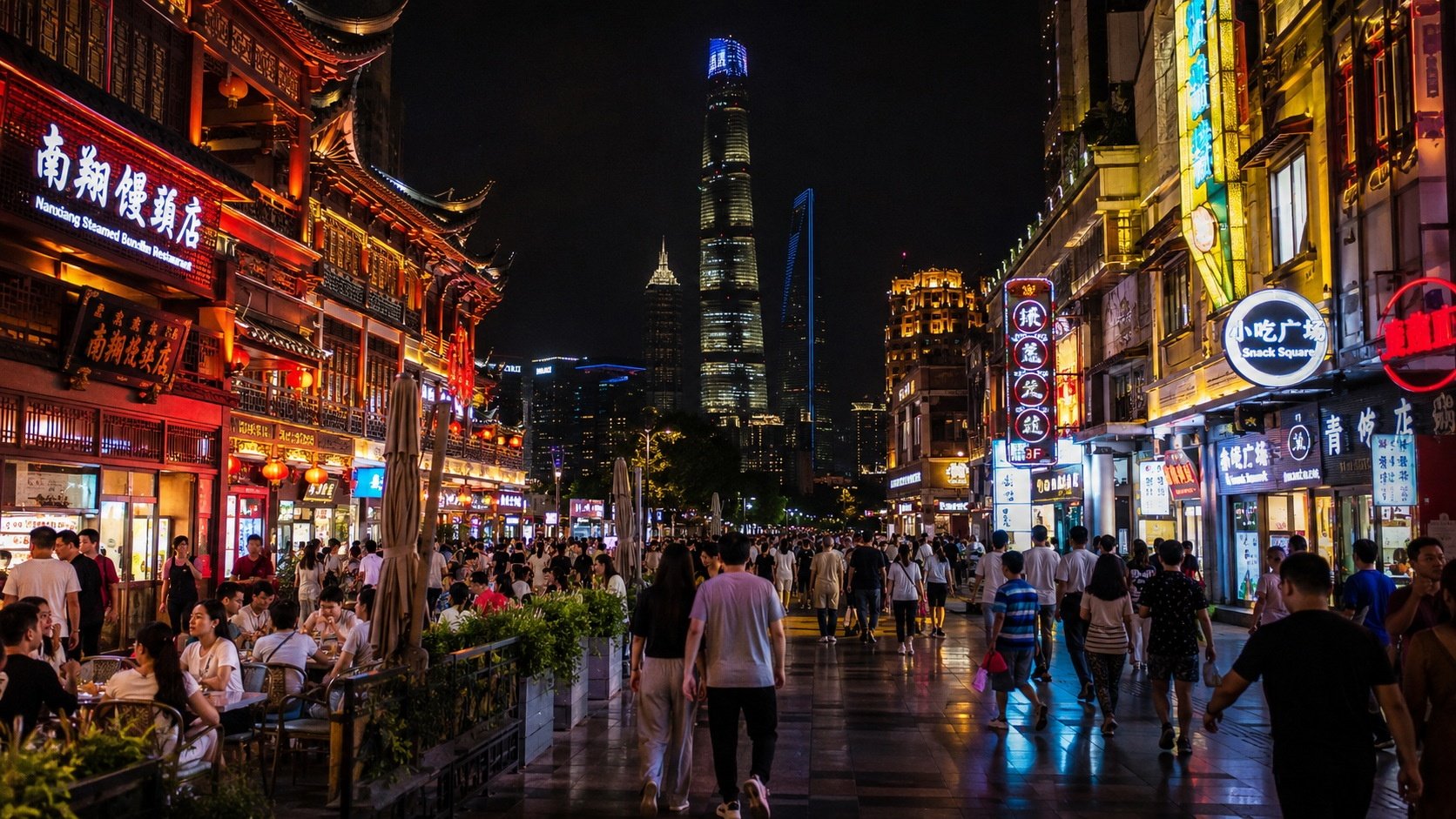 A bustling night market in a Chinese city, showcasing local culture, food, and consumer activity within a unified national framework.
