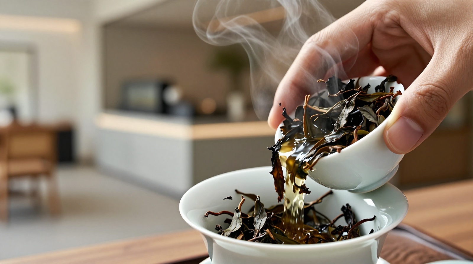 Close-up of traditional Chinese tea brewing process showing dark rock tea leaves being infused with hot water in a ceramic gaiwan at a modern Shanghai tea house.