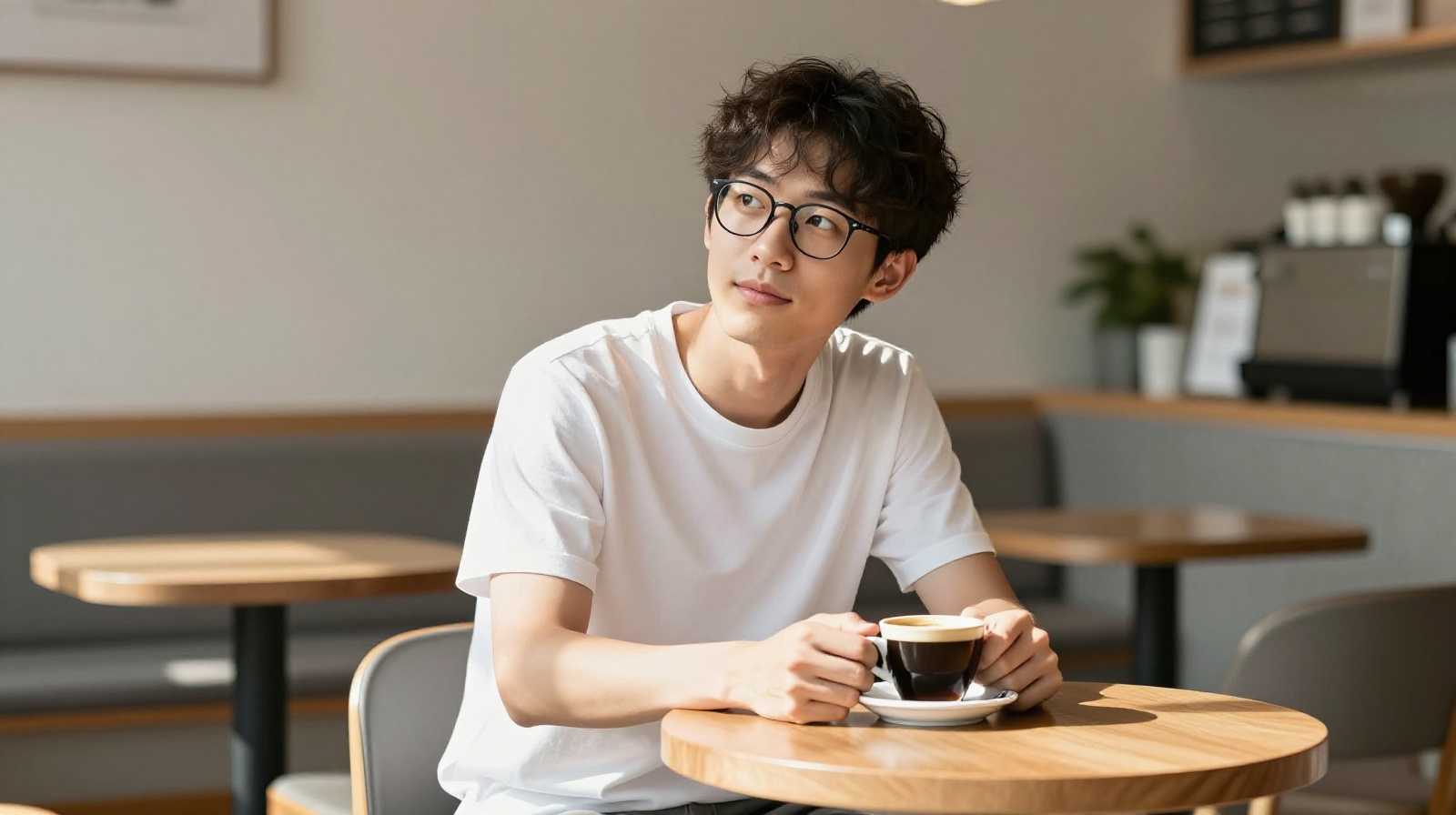 Young Chinese professional enjoying a single-origin coffee in a minimalist cafe, representing the new tea and coffee culture in China.