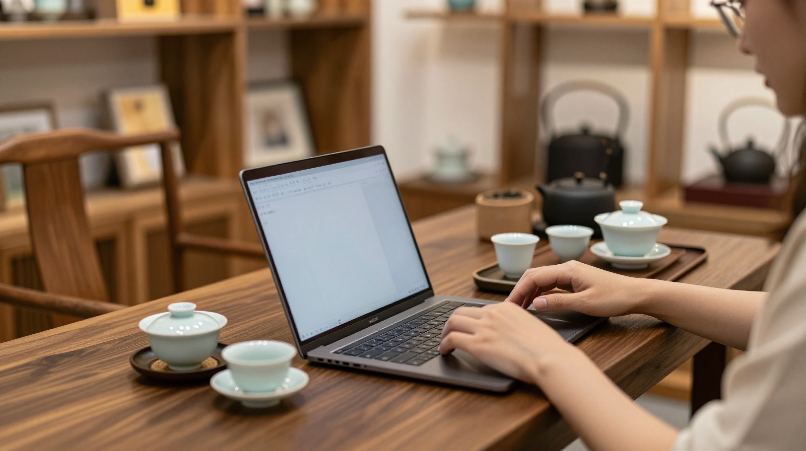 A freelancer working on a laptop in a serene, high-end Chinese tea house, illustrating the new social function of these spaces.