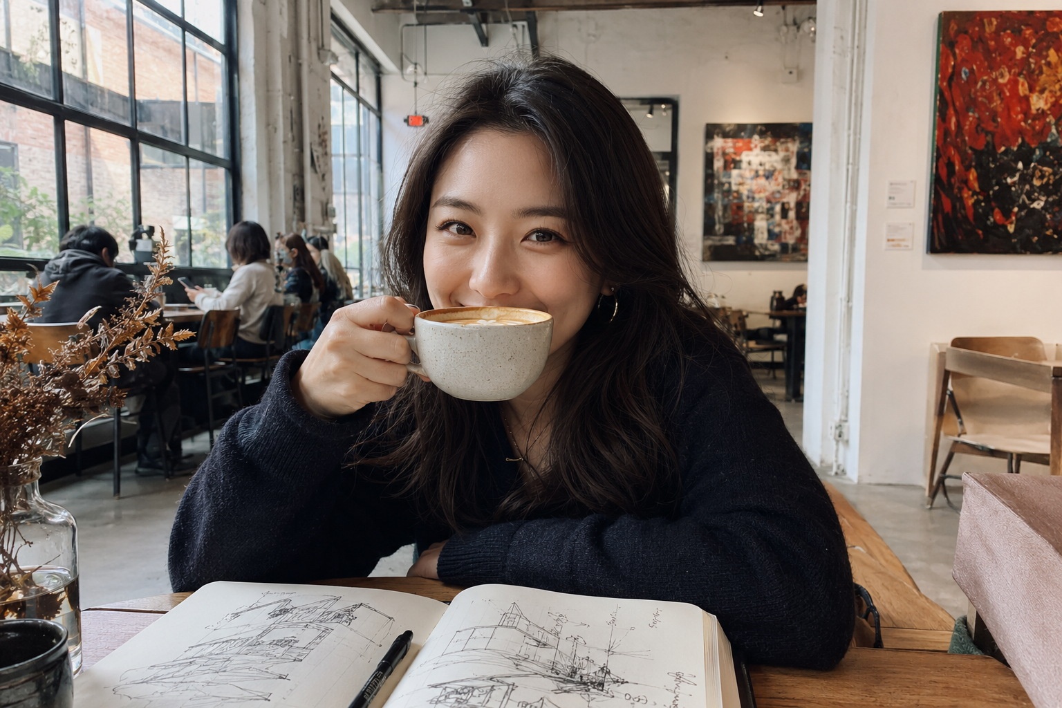 Young Chinese woman enjoying a latte and sketching in a bright, modern café inside Shanghai's M50 art district, illustrating the blend of everyday leisure and contemporary art.