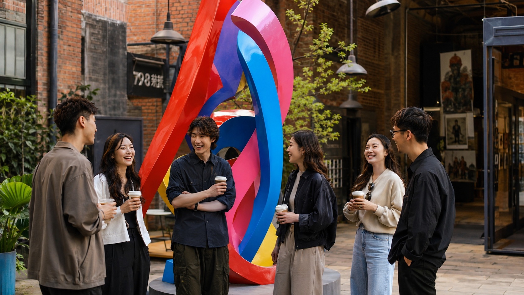 Young professionals socializing around a contemporary sculpture in an outdoor courtyard of a Chinese art district, showing how art spaces serve as community gathering spots.