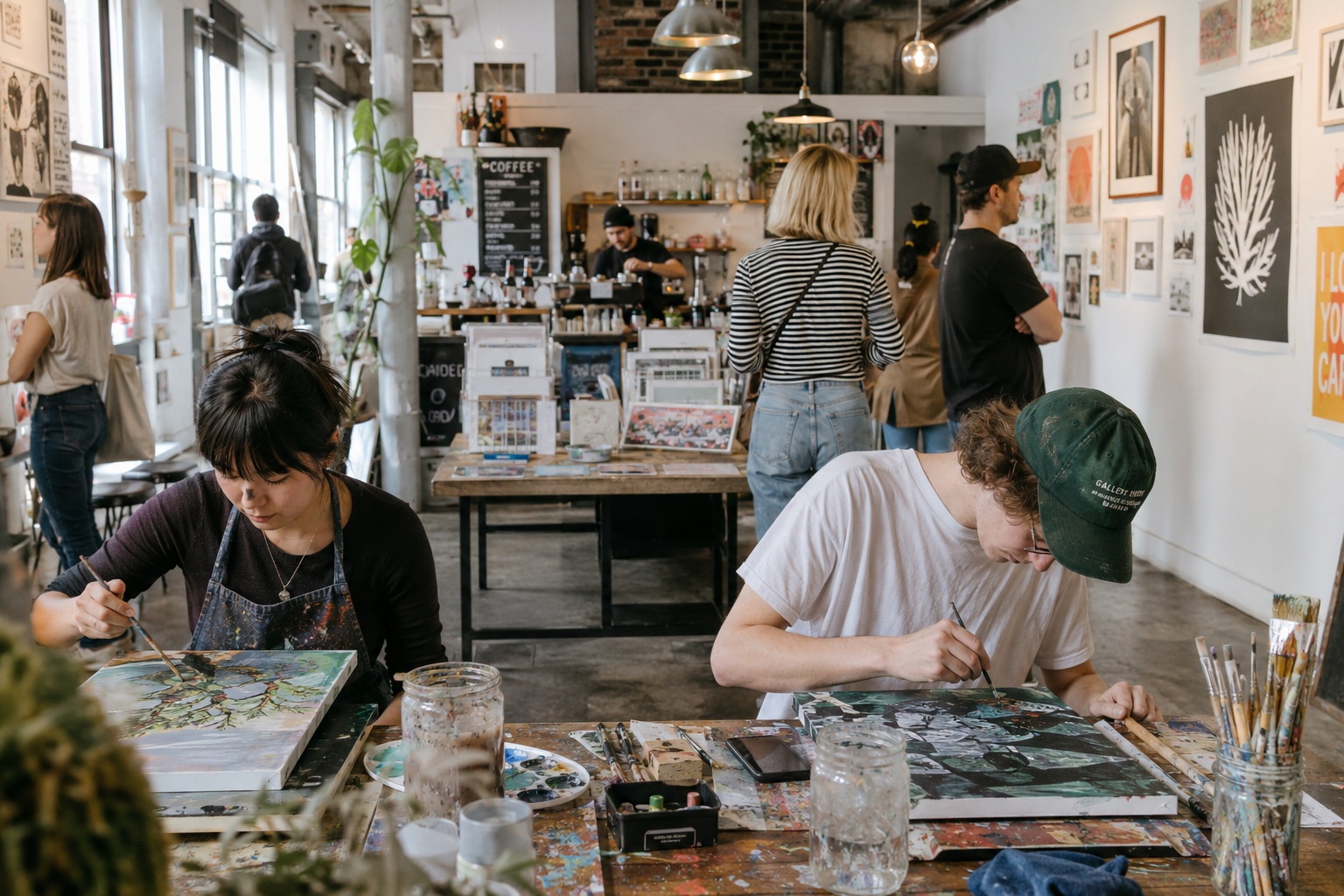 People participating in an art workshop inside a hybrid gallery-café space in Beijing's 798 Art District, highlighting the interactive nature of modern Chinese cultural consumption.