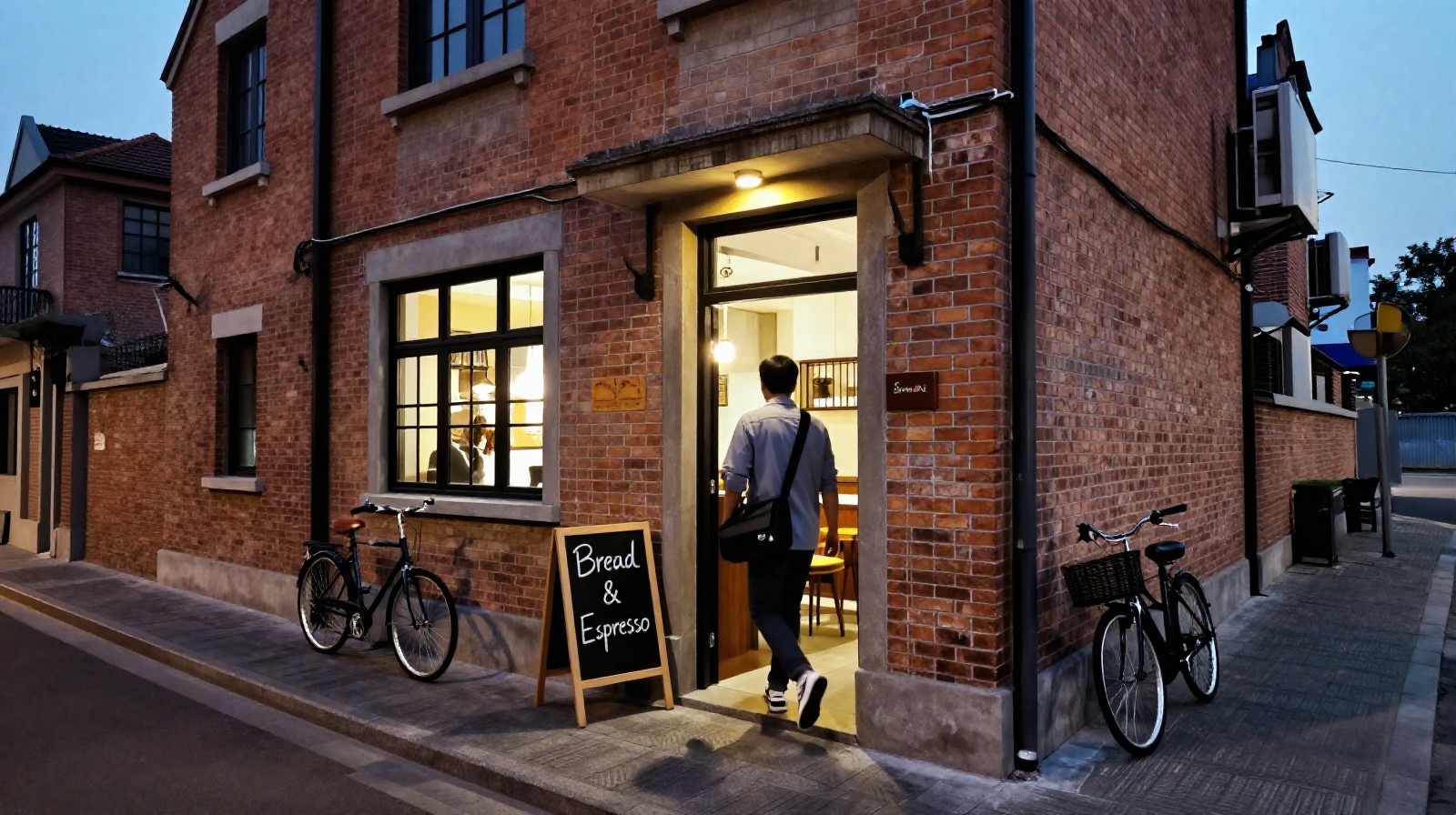 Evening scene of a residential cafe entrance in a Shanghai lane house, chalkboard sign and customer leaving