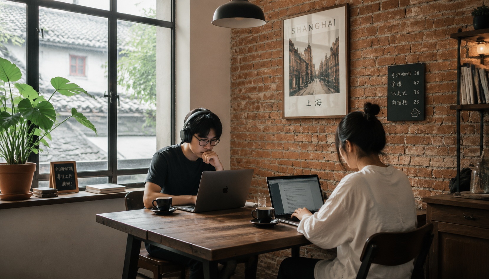 Two freelancers working on laptops in a residential cafe in a Shanghai lane house, morning light through window