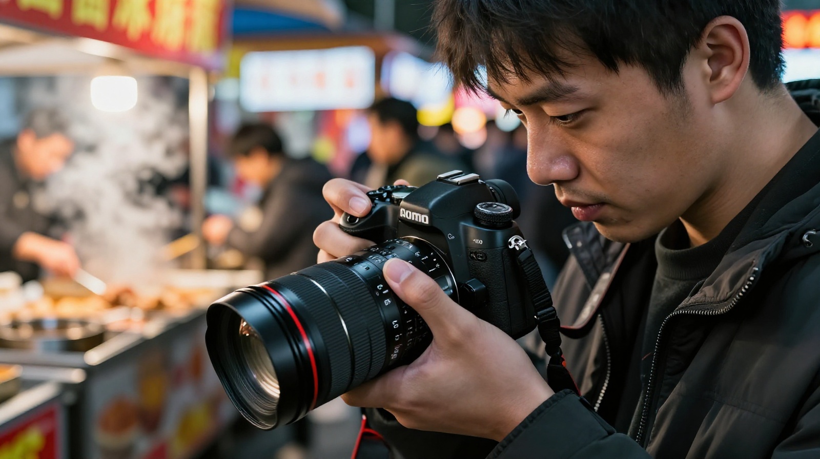 A young Chinese freelancer taking photos at a vibrant night market, illustrating the photography aspect of his multi-career lifestyle.