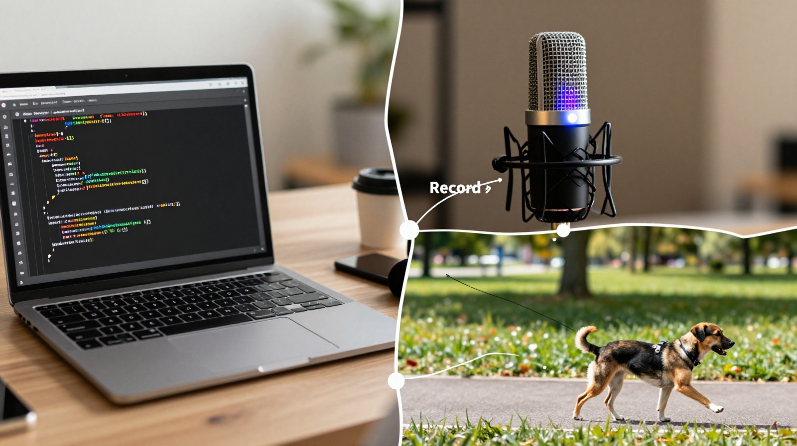 Visual representation of a 'slash' youth's diverse work life, combining coding, podcasting, and pet care activities.