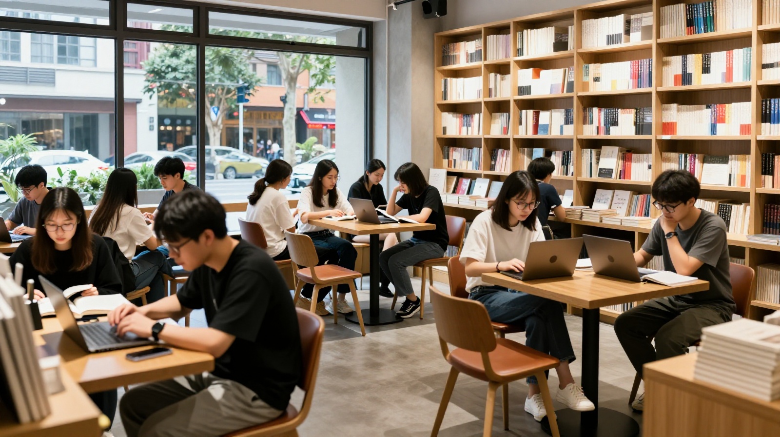 Young professionals networking and working in a trendy independent bookstore in China, reflecting the new urban social landscape.