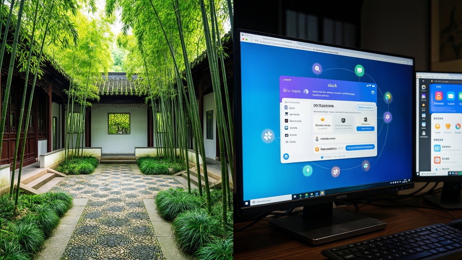 Contrast between the peaceful natural environment of a Dali courtyard and the busy digital workspace of a remote worker managing international clients.