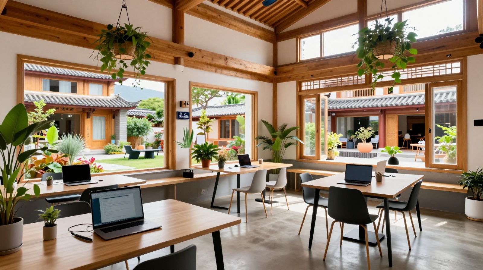 Modern co-working space in a traditional courtyard, blending heritage architecture with modern work needs.