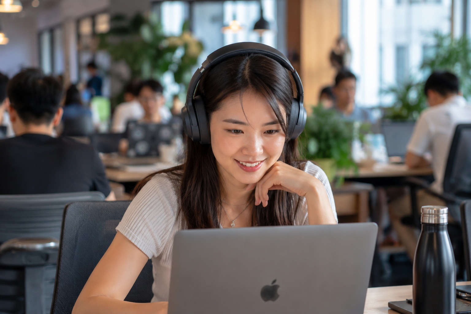 A young professional woman wearing headphones and working on a laptop in a modern shared office space, capturing the focus and solitude within a busy environment.