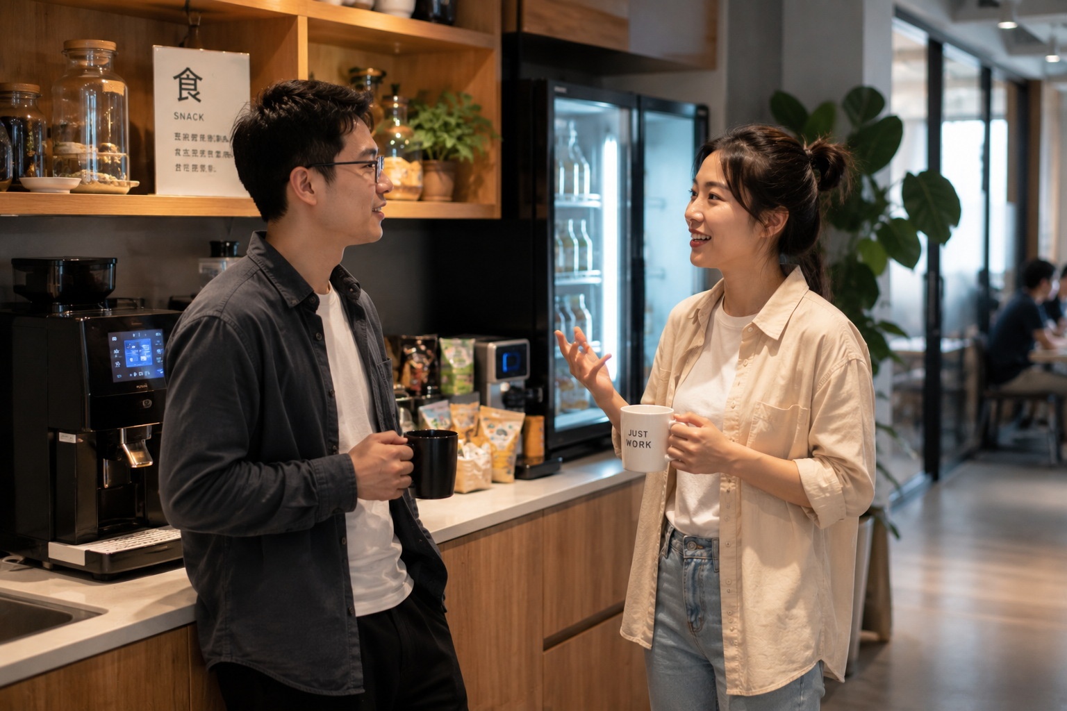 Two young professionals having an informal conversation in the kitchenette of a shared office, illustrating social interaction and networking in a workplace setting.