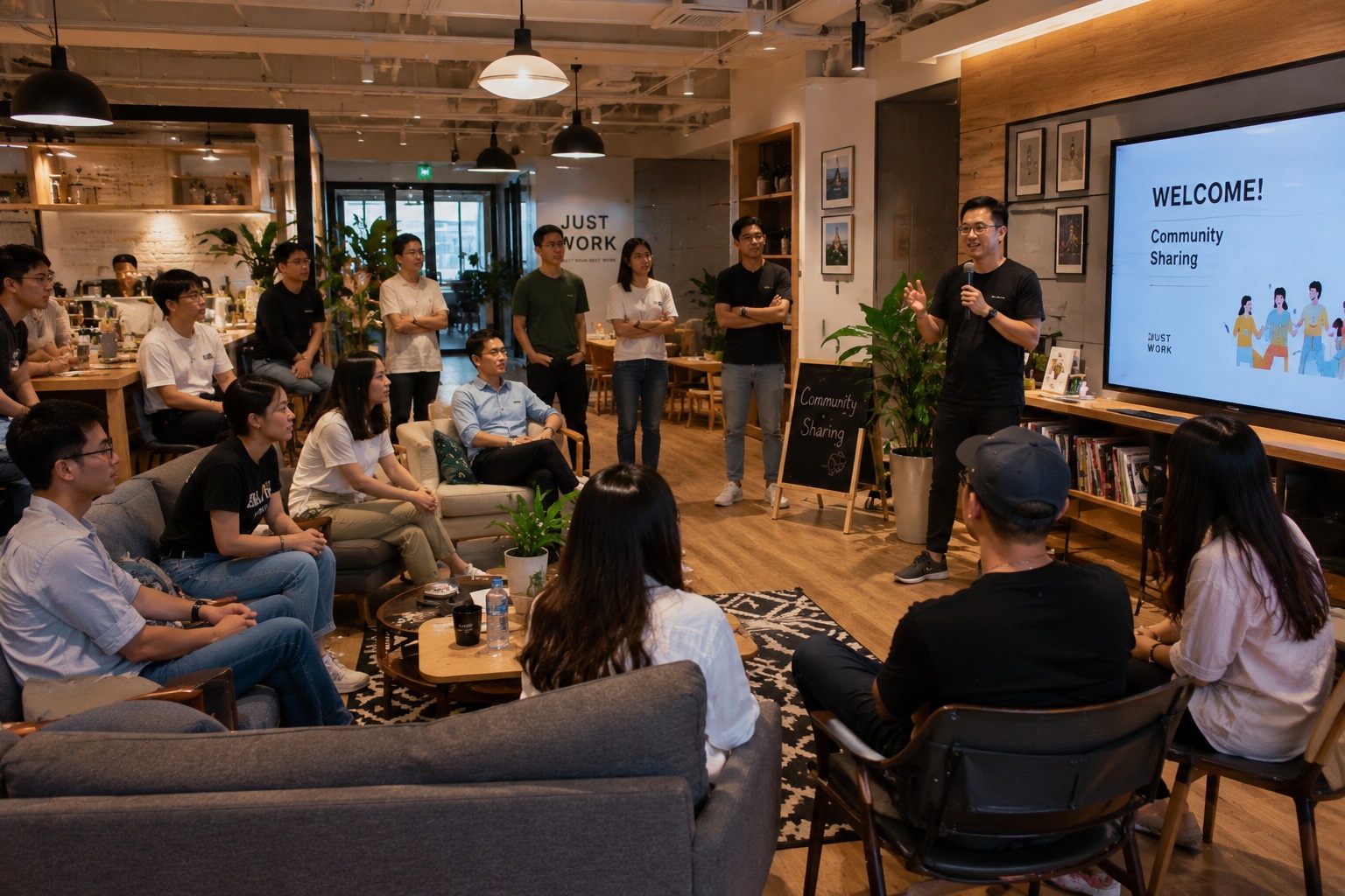 A community gathering or workshop taking place in the lounge area of a shared office, showing the social and community-building aspect of co-working spaces.