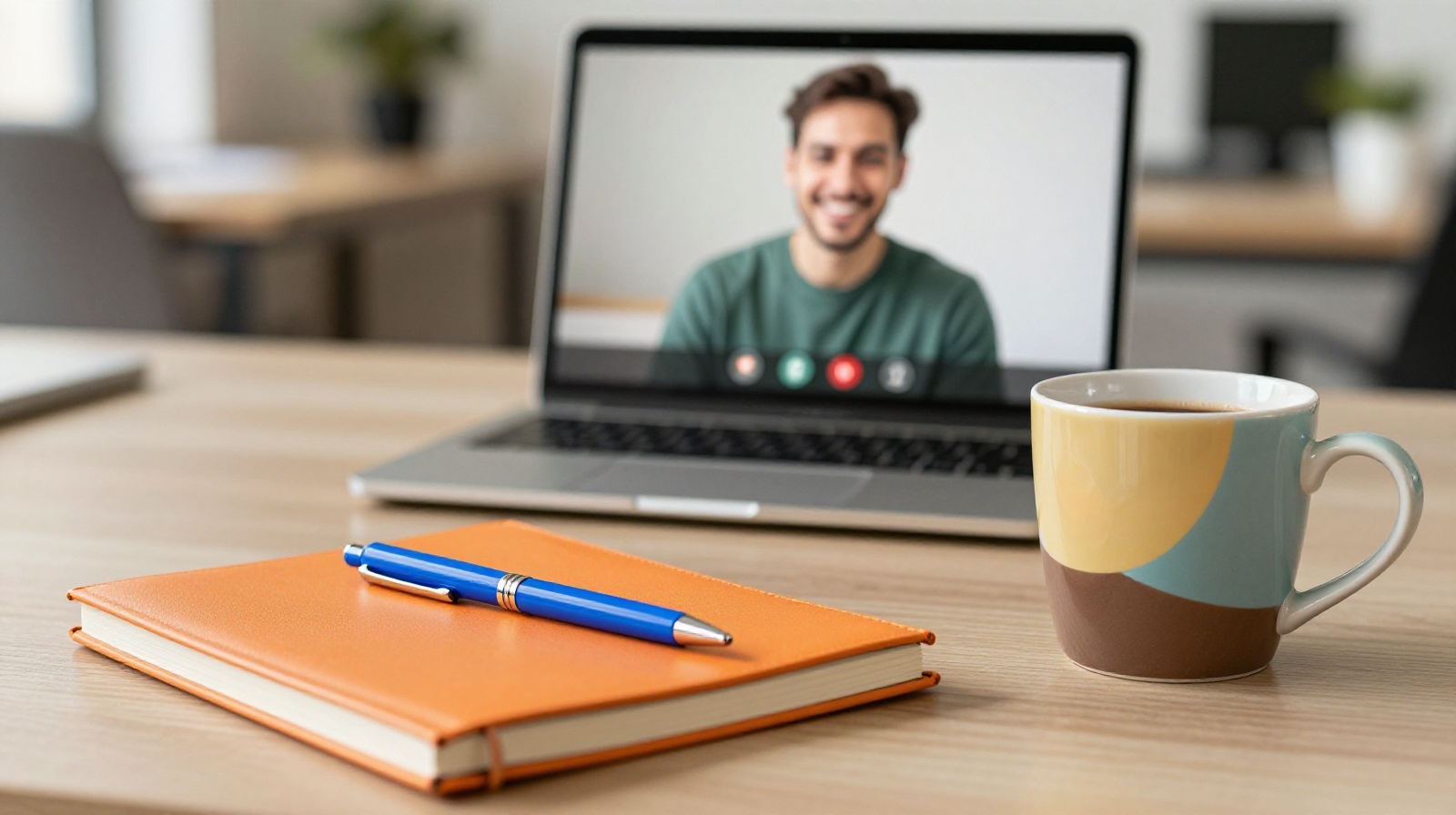 Close-up of colorful office accessories and a smiling employee in a bright green shirt, illustrating the dopamine dressing trend in a Chinese workplace.