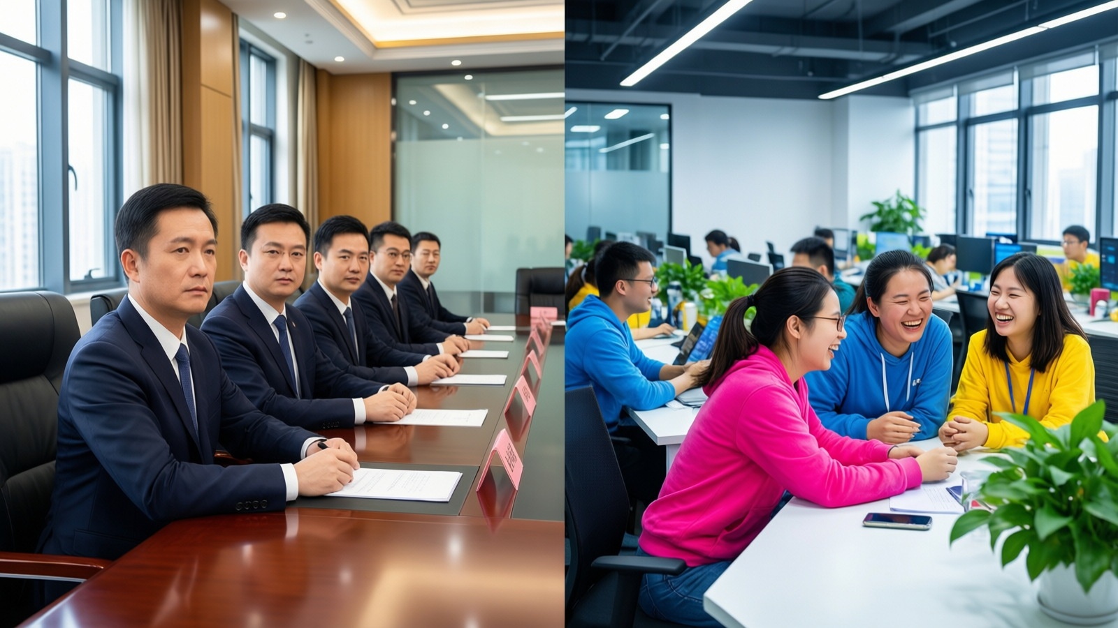 Comparison of traditional formal workplace attire versus colorful casual dress code in a modern Chinese tech office.