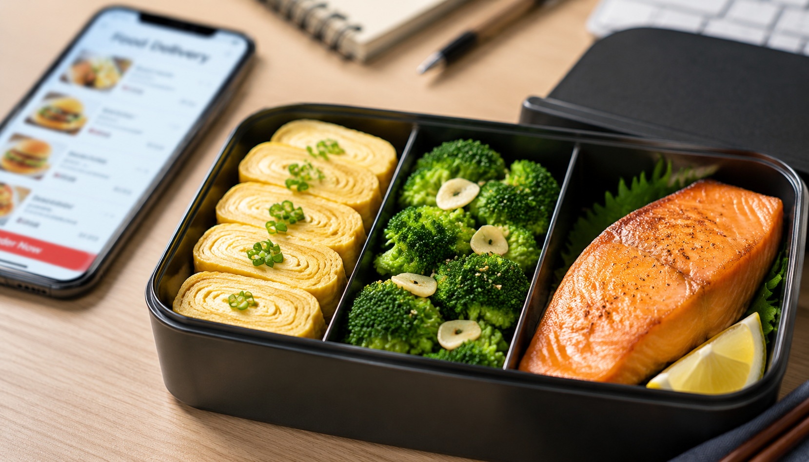 Close-up of a meticulously arranged homemade bento box featuring salmon and vegetables, symbolizing the trend of healthy office lunches in China.