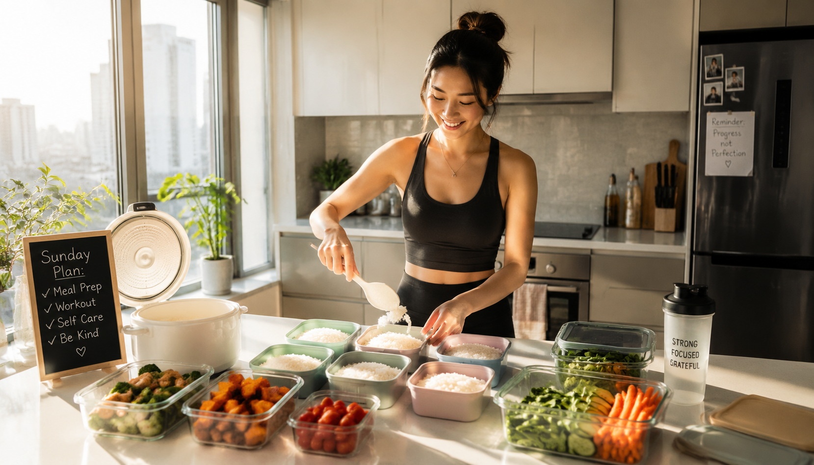 A young professional preparing multiple lunch containers in her kitchen on a weekend, illustrating the 'meal prep' trend among Chinese urban youth.