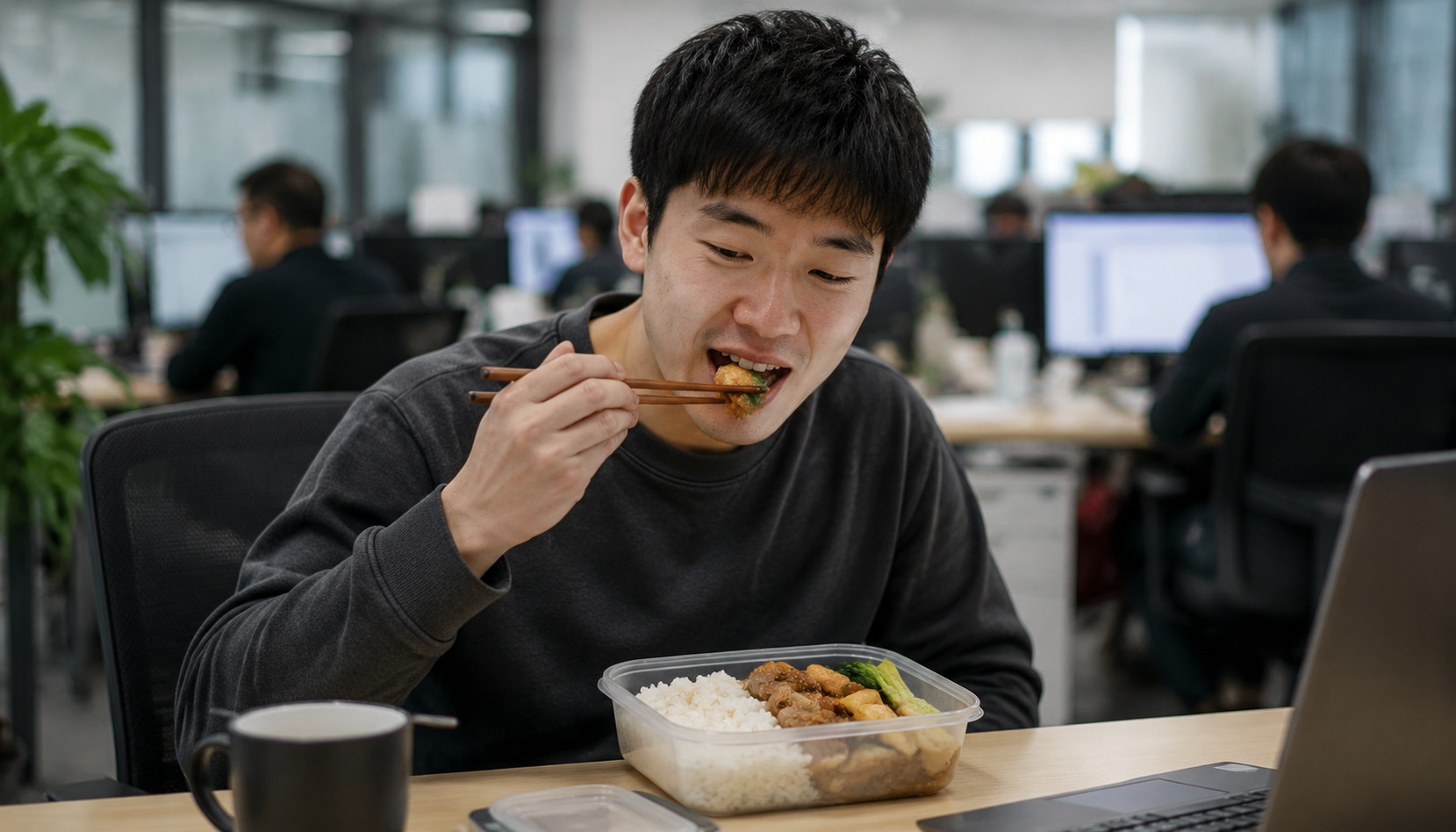 A young Chinese office worker enjoying his homemade lunch at his desk, finding a moment of peace and control in his daily routine.
