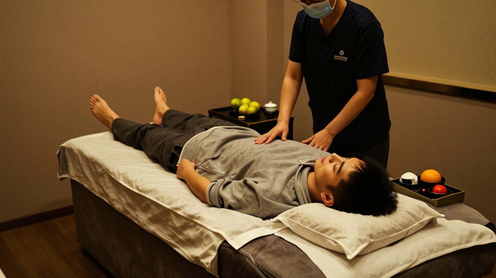 A young tech worker relaxing in a private massage suite at a foot parlor in Shenzhen, China.
