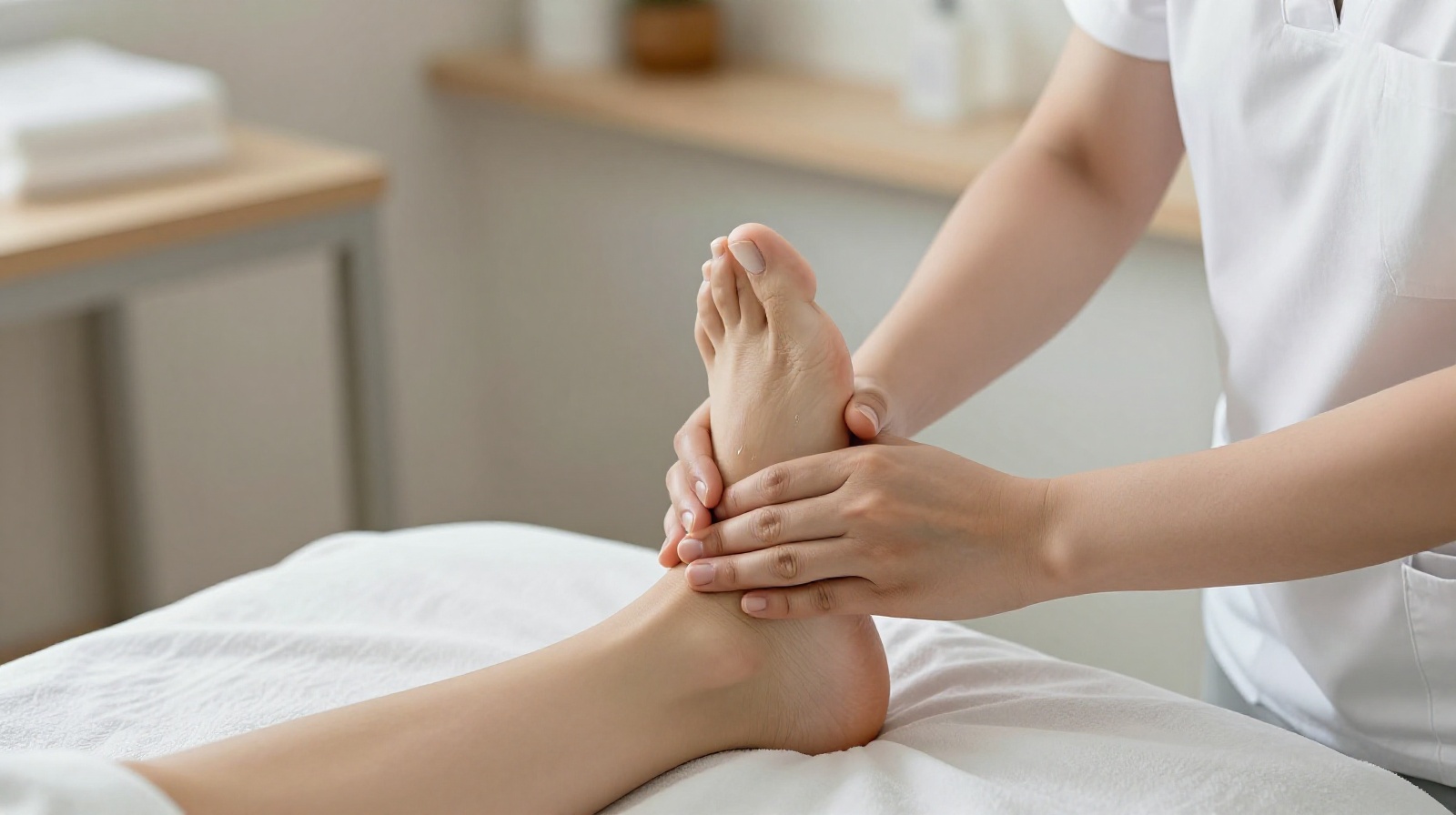 Professional foot massage therapy session in a wellness center in China.