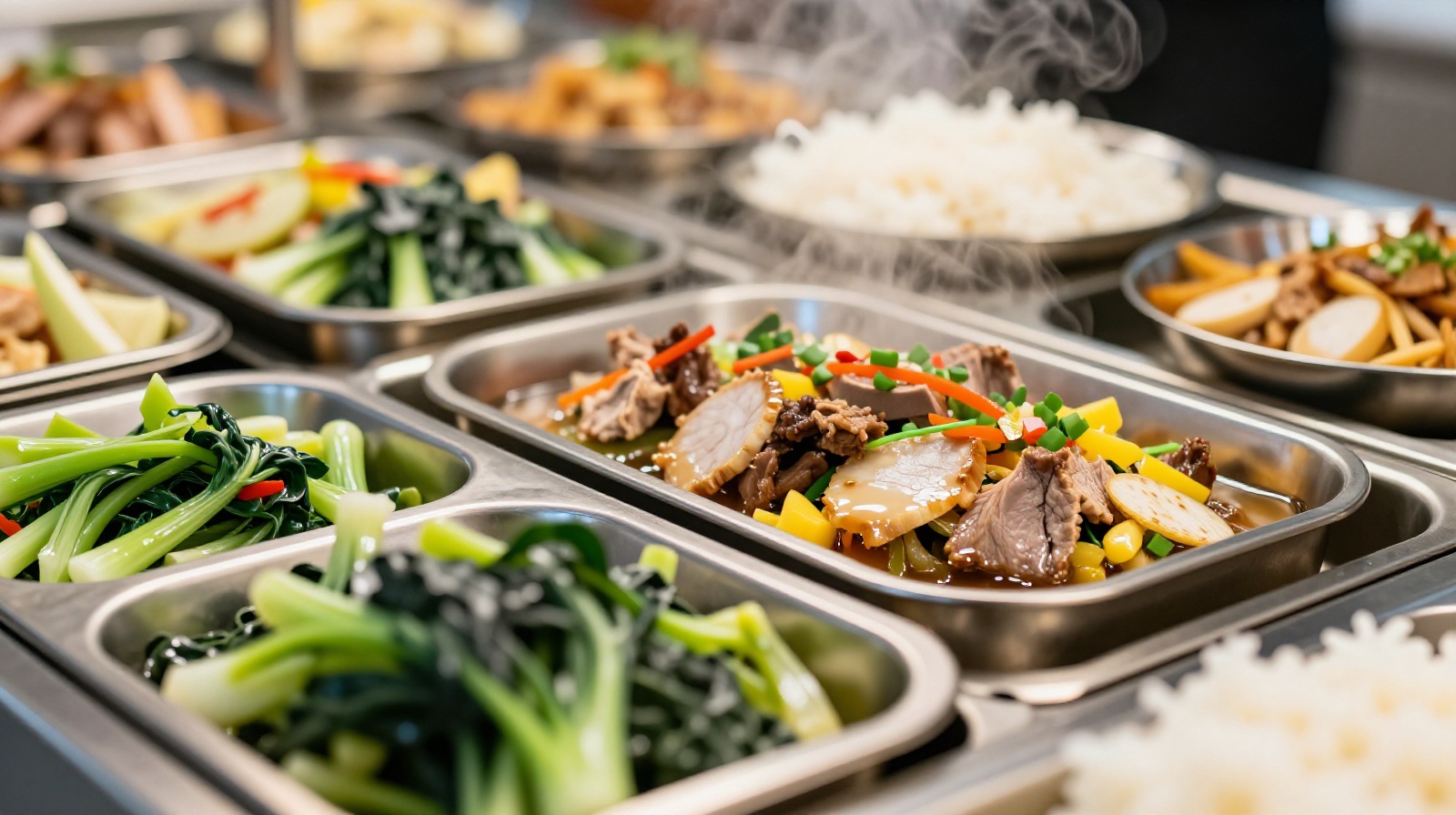 A close-up view of diverse and appetizing Chinese dishes served at a high-quality corporate cafeteria buffet, showcasing fresh vegetables, meats, and rice options available to employees.