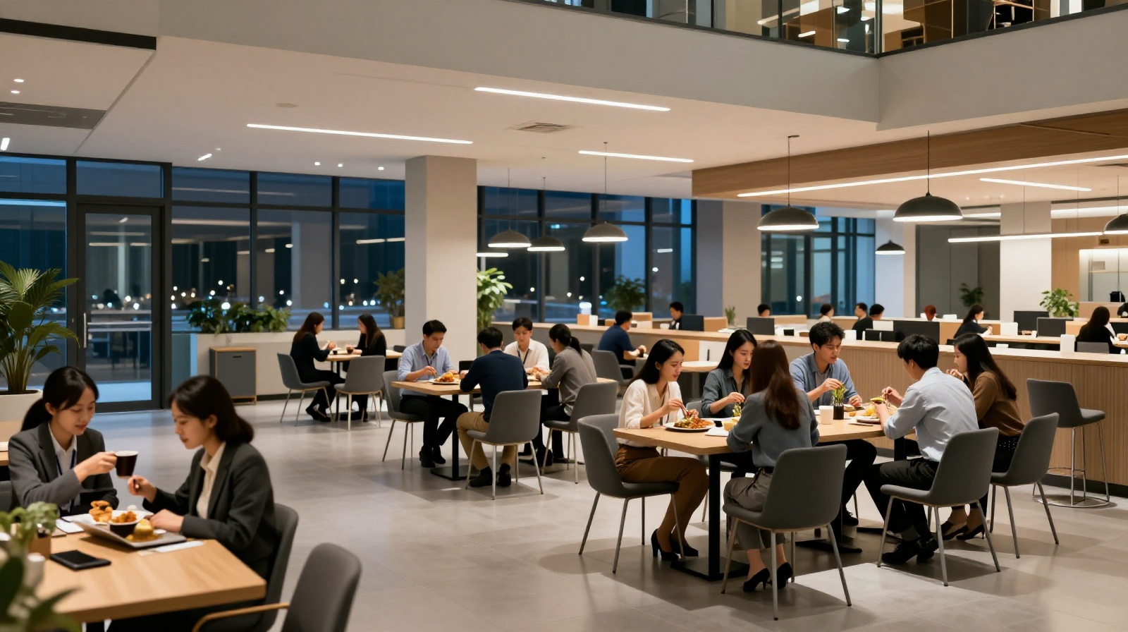 Young professionals dining together in a brightly lit, open-plan corporate cafeteria inside an office building at night, illustrating the late-working culture.