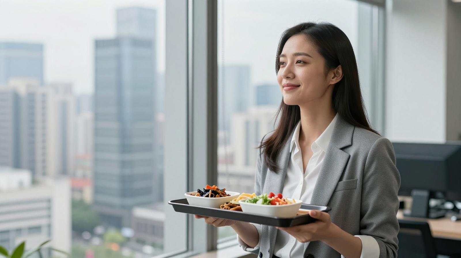 A young professional employee smiling while holding a food tray in a corporate cafeteria, with a view of the city skyline through the window, reflecting on work-life balance.