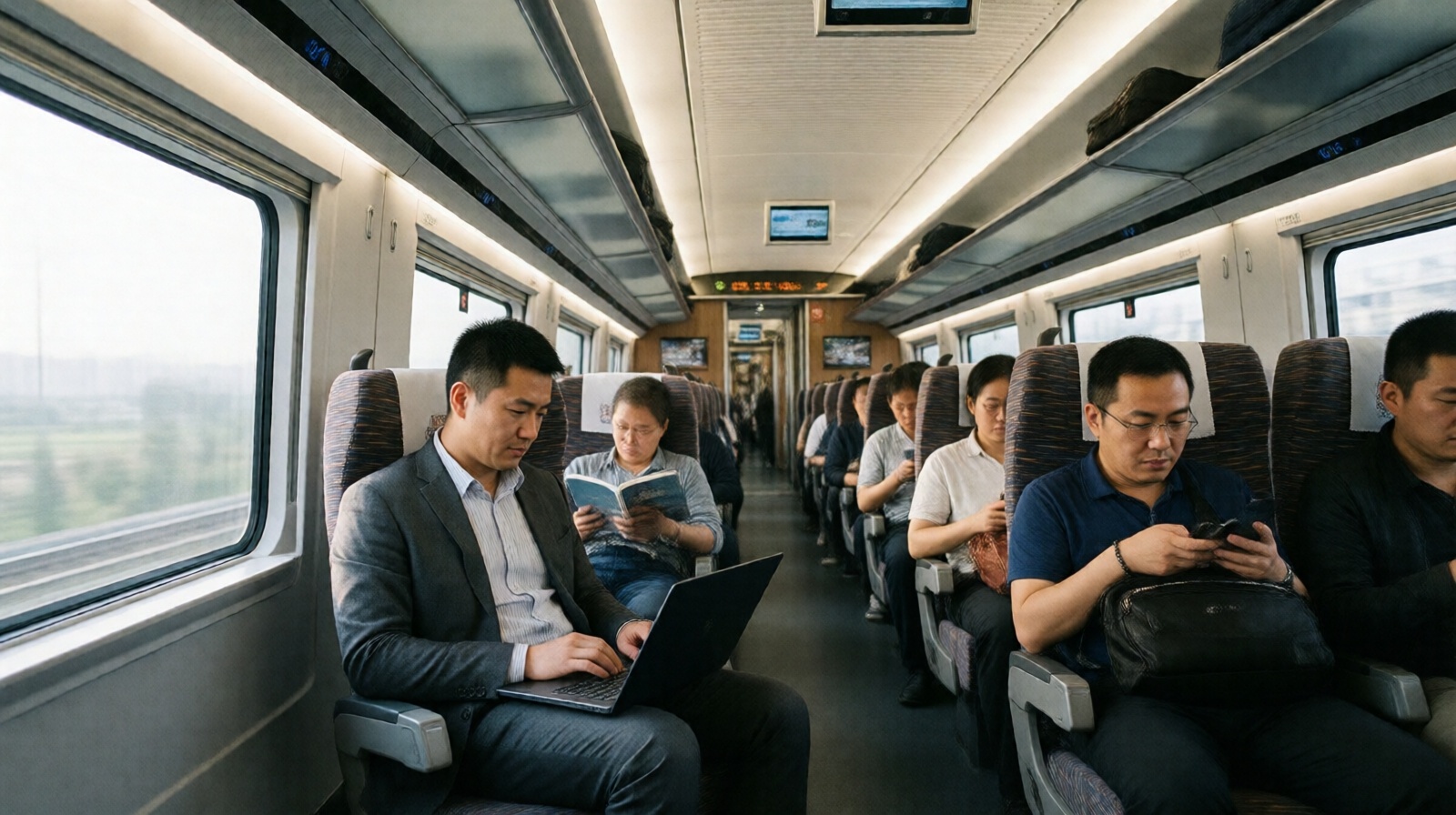 Chinese commuter working on laptop aboard a high-speed train from Suzhou to Shanghai at 7:30 a.m.