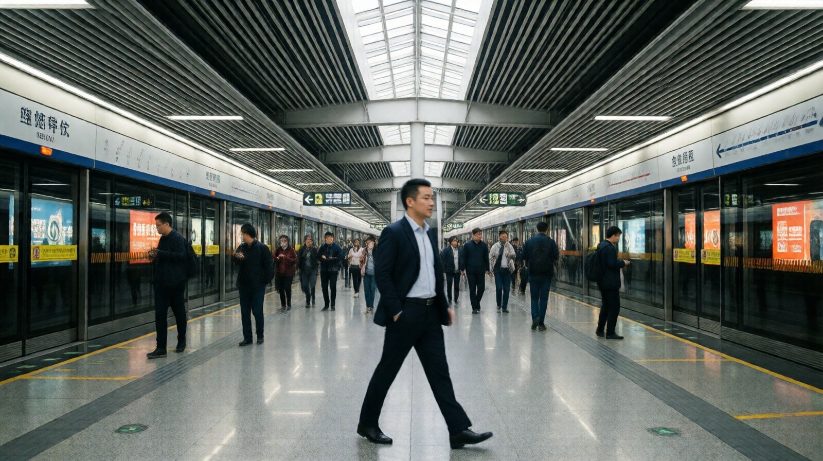 Commuters transferring from high-speed rail to Shanghai Metro at Hongqiao station during morning rush hour.
