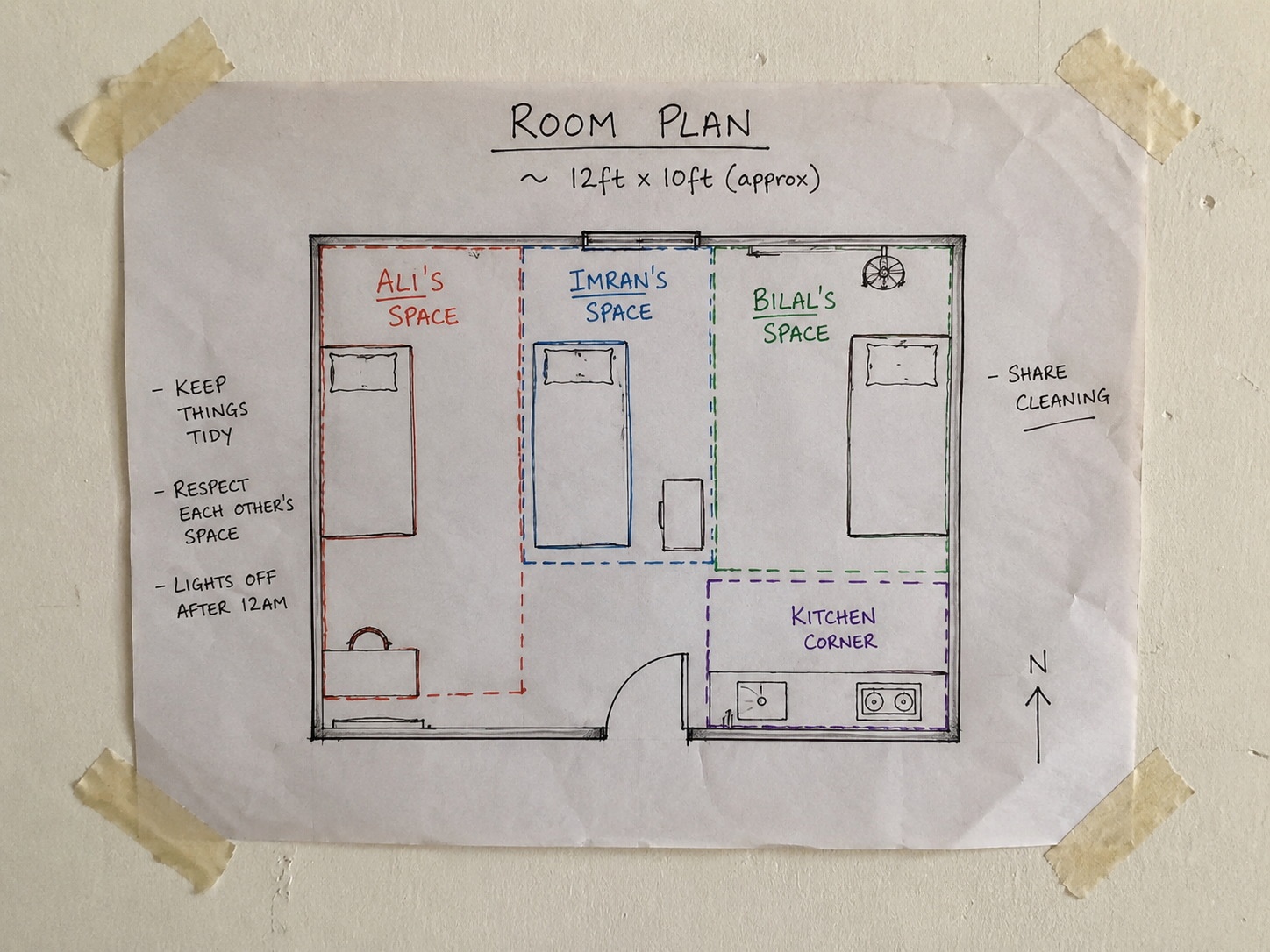 A hand-drawn layout map of a 10-square-meter shared apartment showing three distinct sleeping and working zones for three graduates.