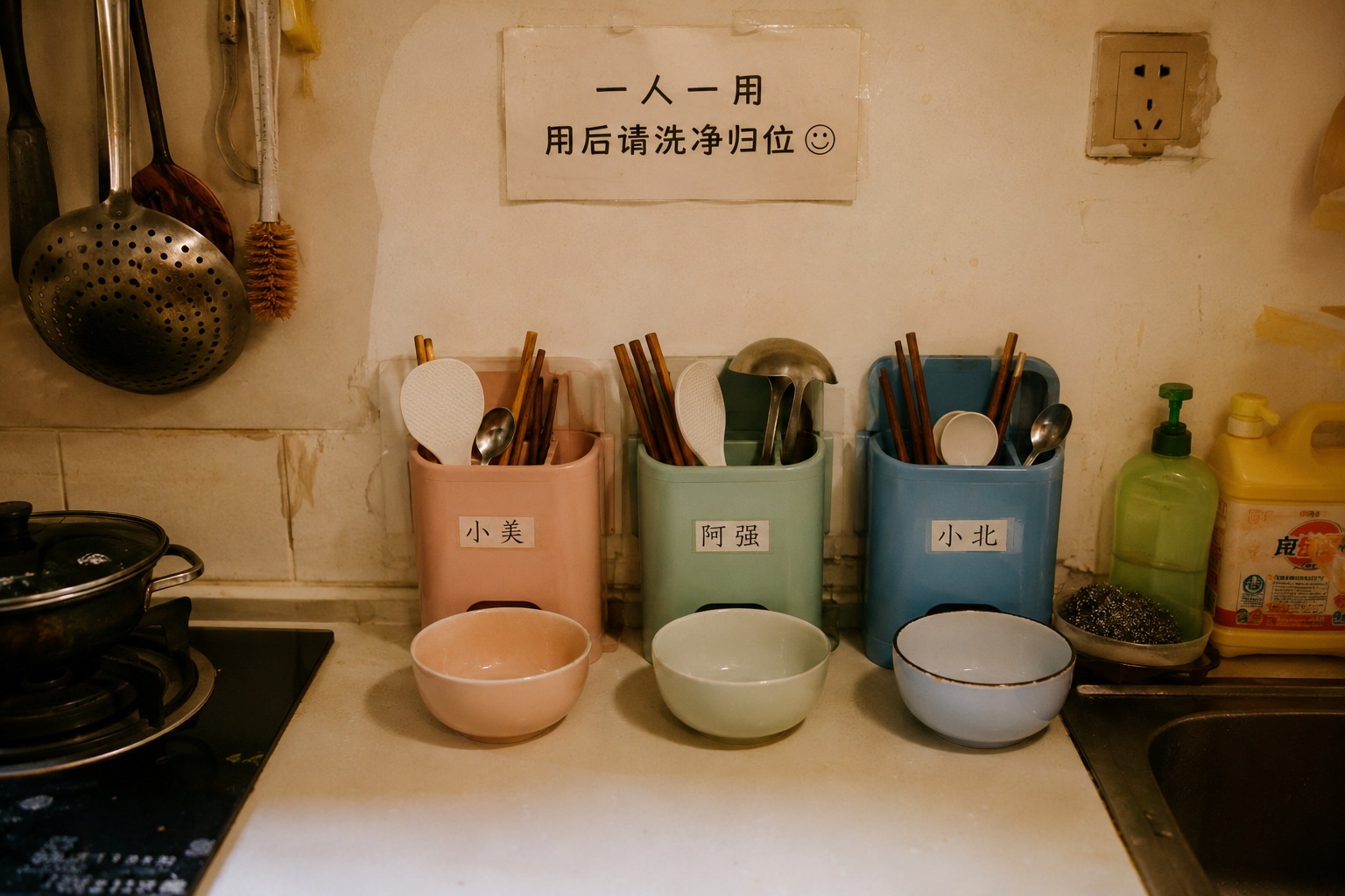Color-coded kitchen utensils organized in a small shared kitchen corner to prevent conflict between roommates.