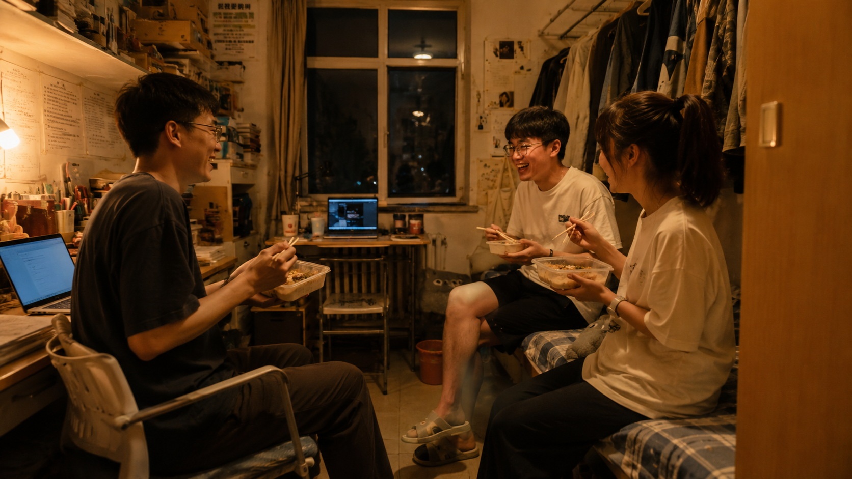 Three young graduates sharing a meal and conversation in their small shared apartment, demonstrating community and resilience.