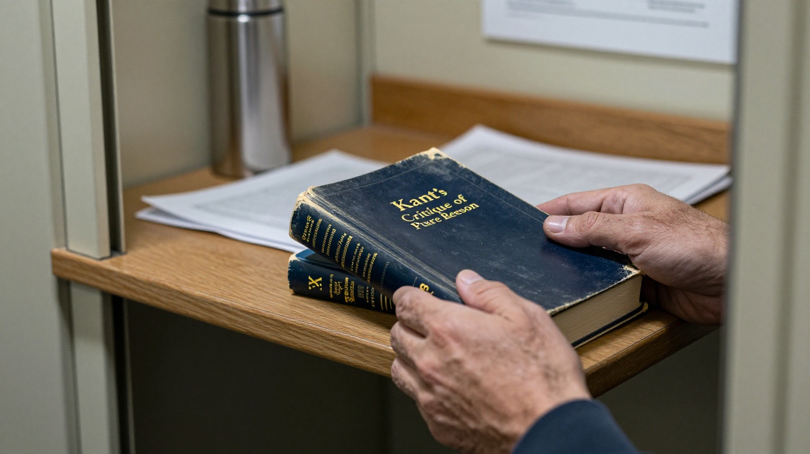 Close-up of a security guard's hands holding a philosophy book in a booth