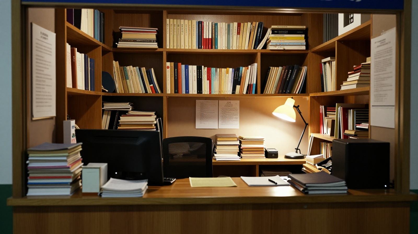 Interior of a security guard's booth filled with philosophy books