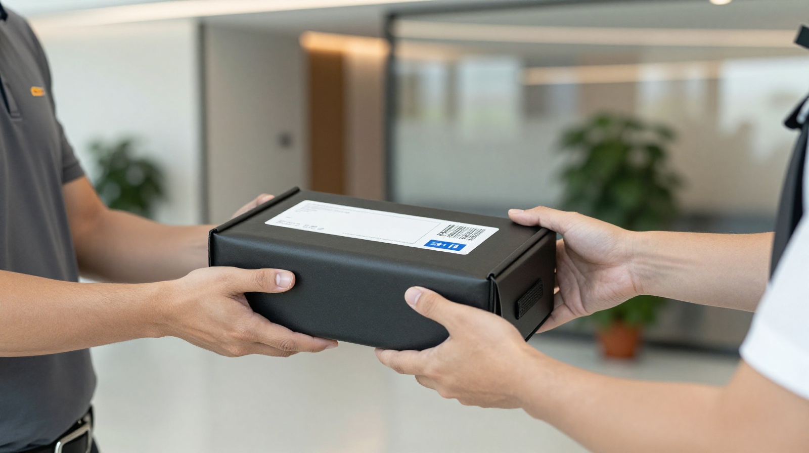 A FlashEx rider handing over a secure package to a client in a modern office building lobby in China.