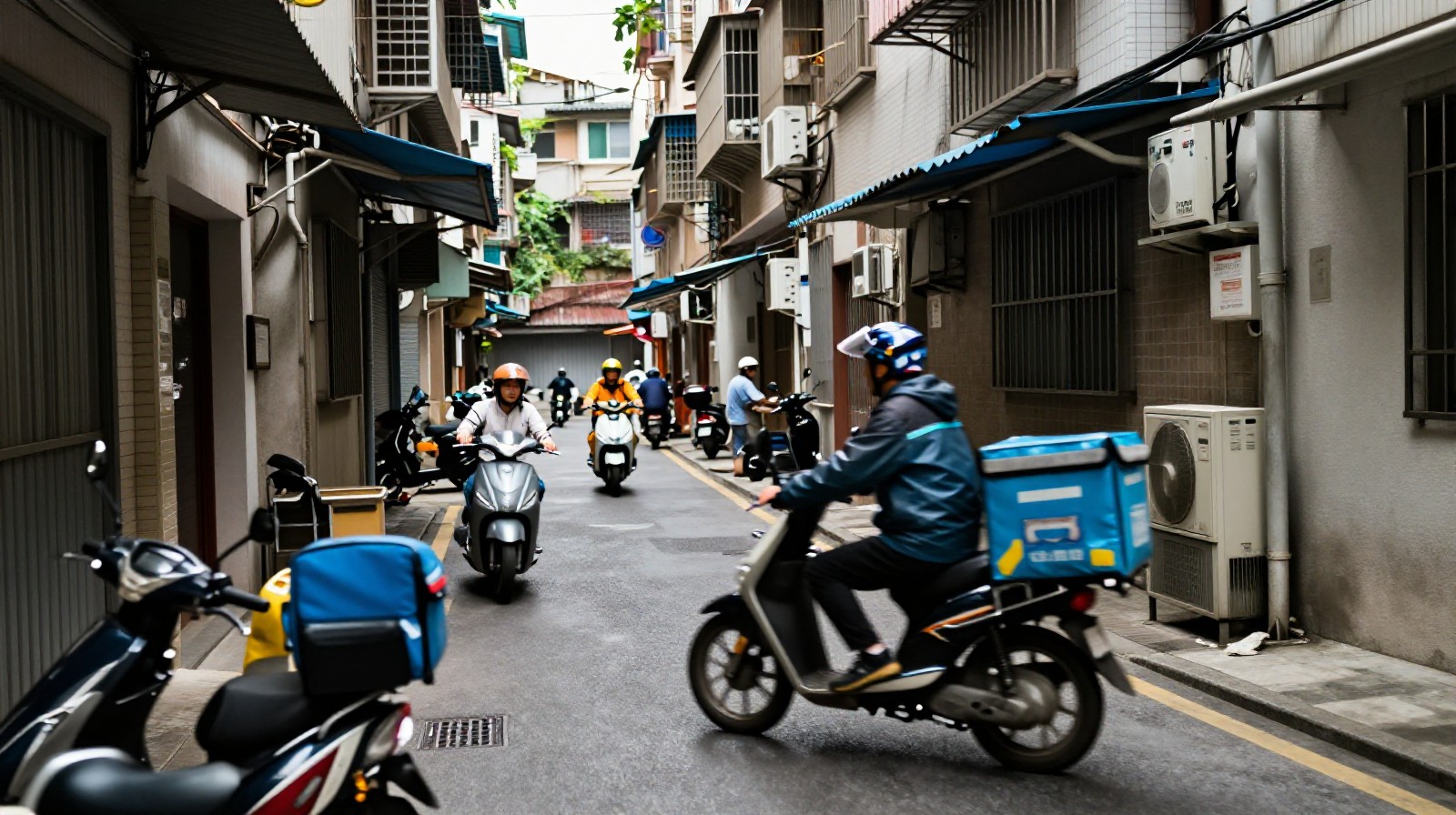 A delivery rider on an electric scooter moving through a narrow city street in China during rainy weather.