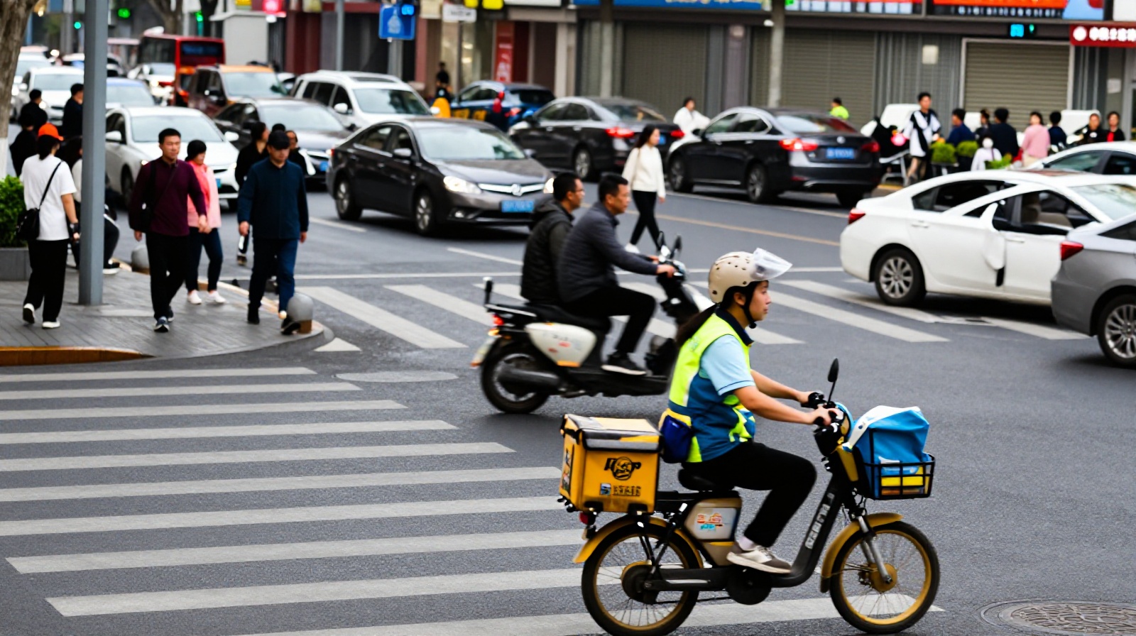 A delivery rider waiting at a busy intersection in a major Chinese city, highlighting the rhythm of urban life.