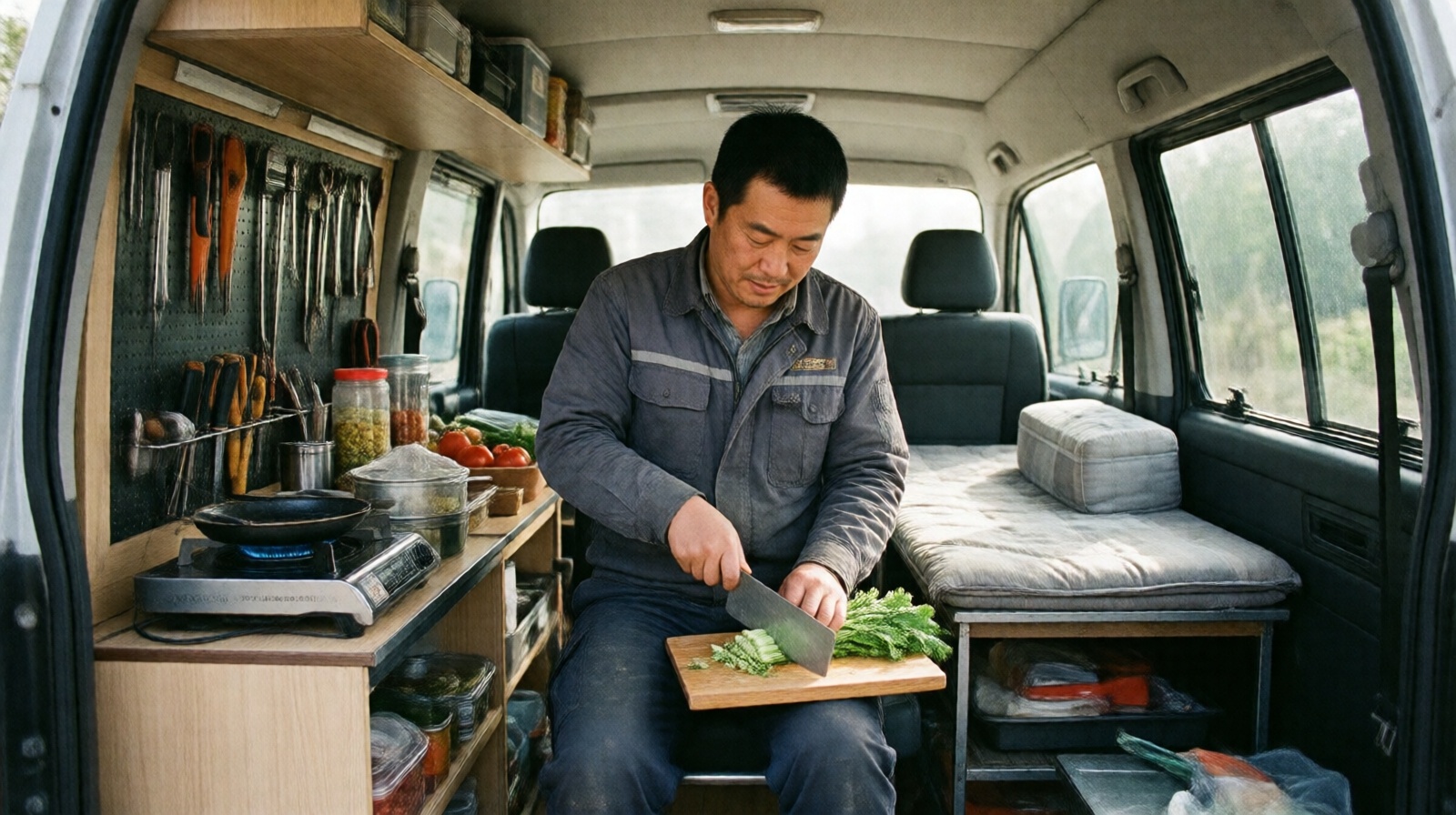 Interior view of a Chinese construction worker's van showing a man preparing a meal in his mobile home, with organized storage and a foldable bed visible.
