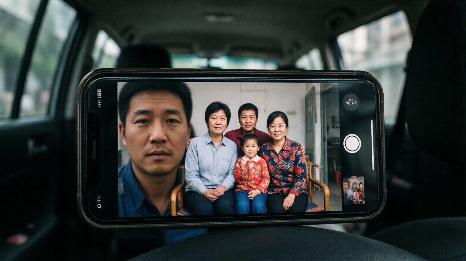 A construction worker video calling his family from inside his van, highlighting the use of technology to maintain family ties while living nomadically.