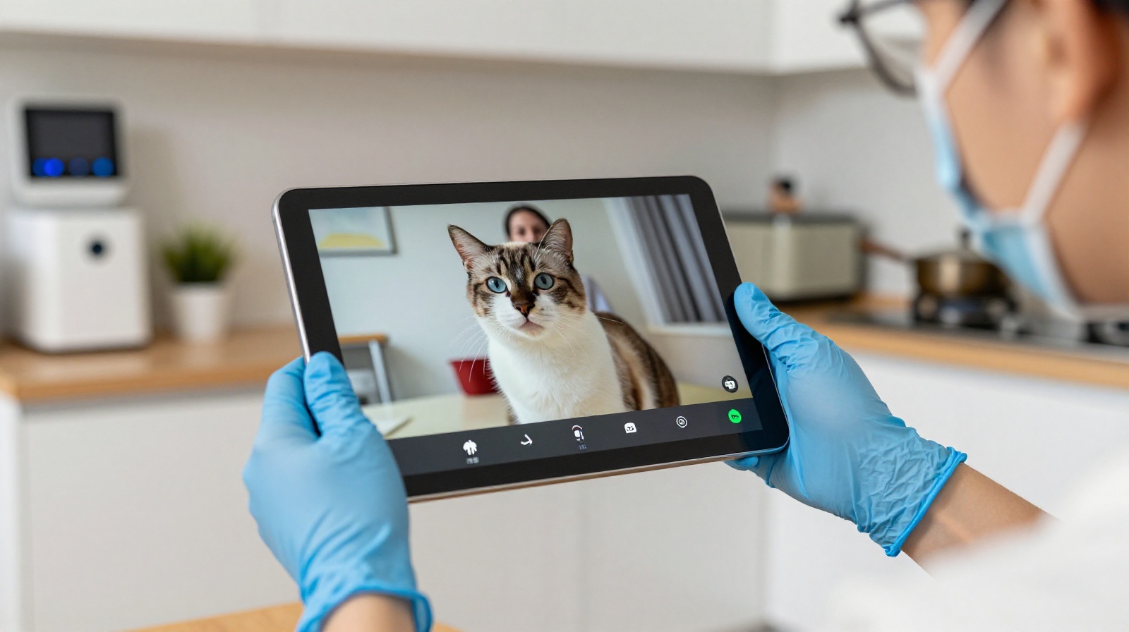 A pet sitter using a tablet to show a live video feed of a cat to its owner in a modern Chinese apartment.
