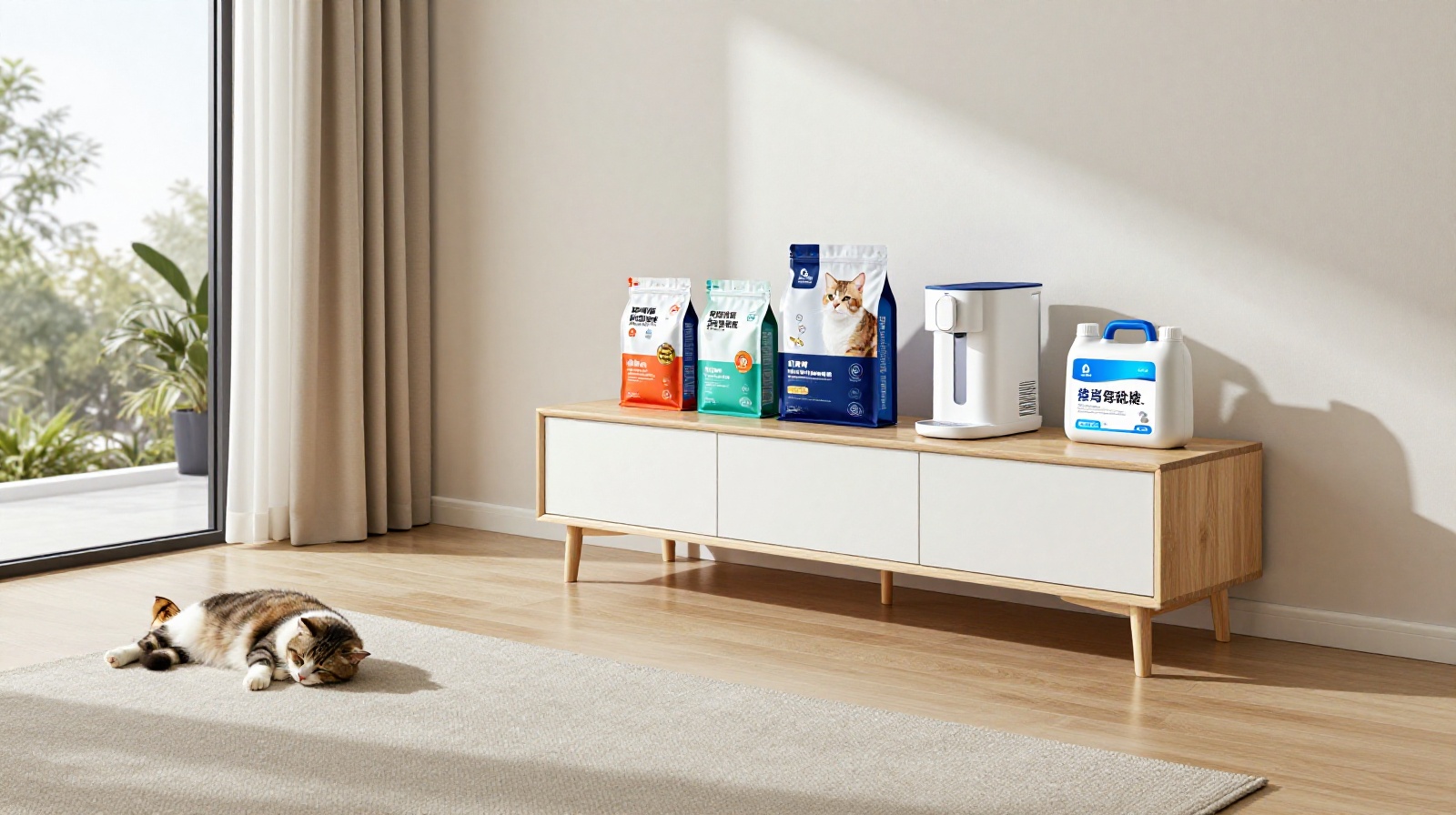 A tidy Chinese apartment living room prepared for a cat's stay during the holiday, with food and care supplies on the table.