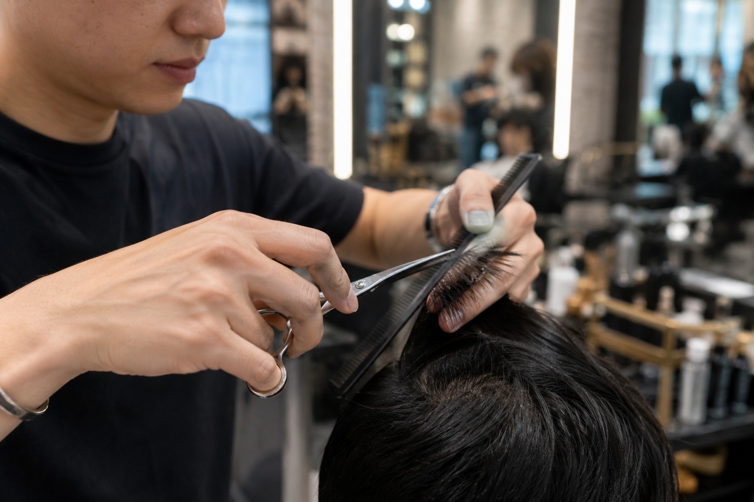 A close-up of a hairdresser's hands cutting a customer's hair in a busy Shanghai salon, highlighting the skill and tools of the trade.