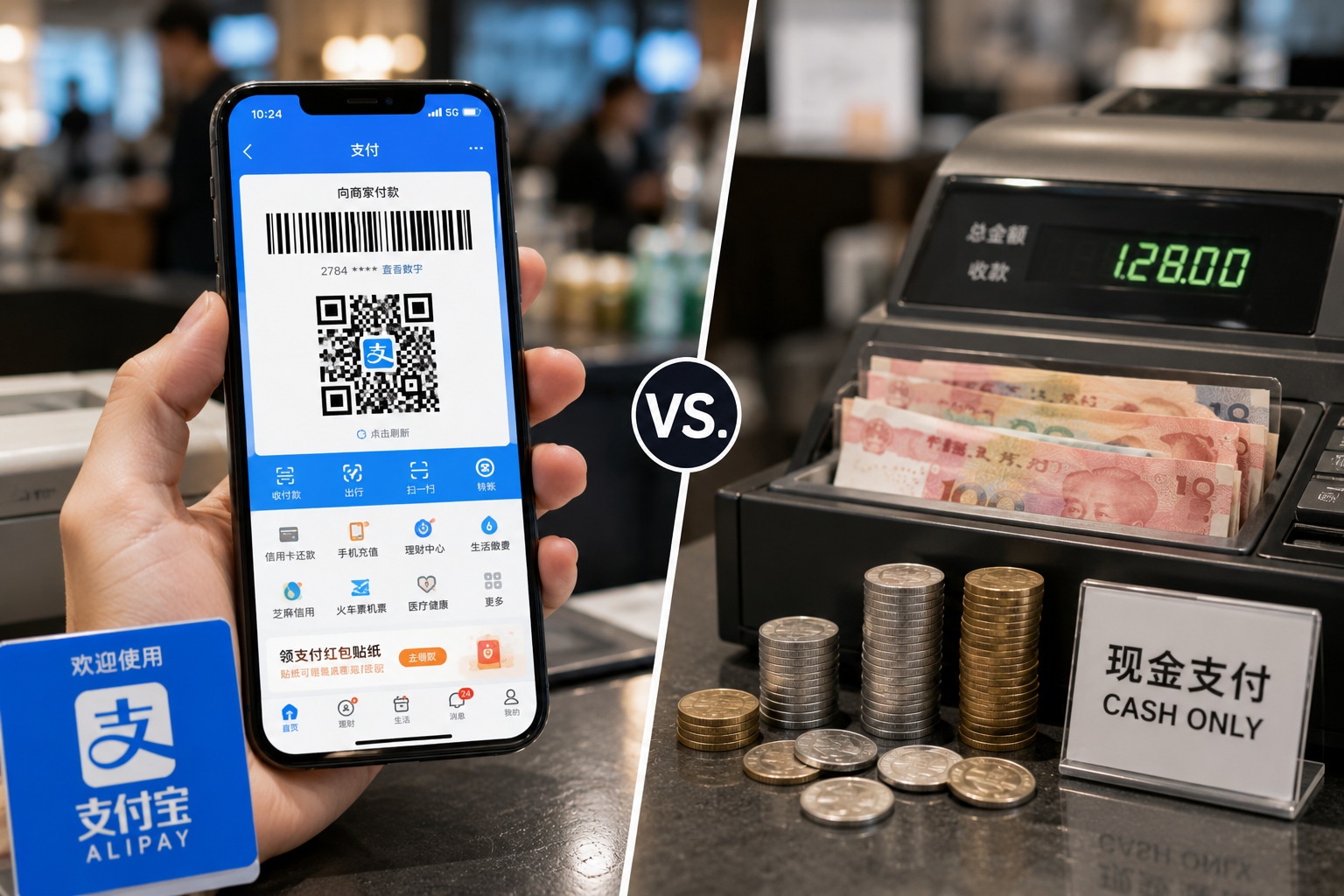 Comparison between mobile payment technology and traditional cash, illustrating the shift in how transactions are handled in modern Chinese businesses.