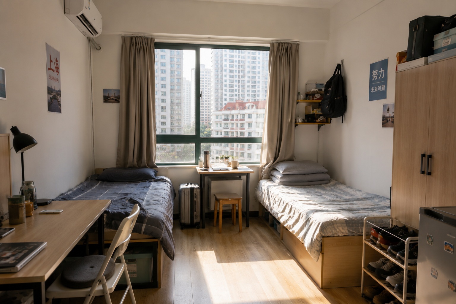 The interior of a shared rental apartment in Shanghai, showing the living conditions of young professionals working in the city.