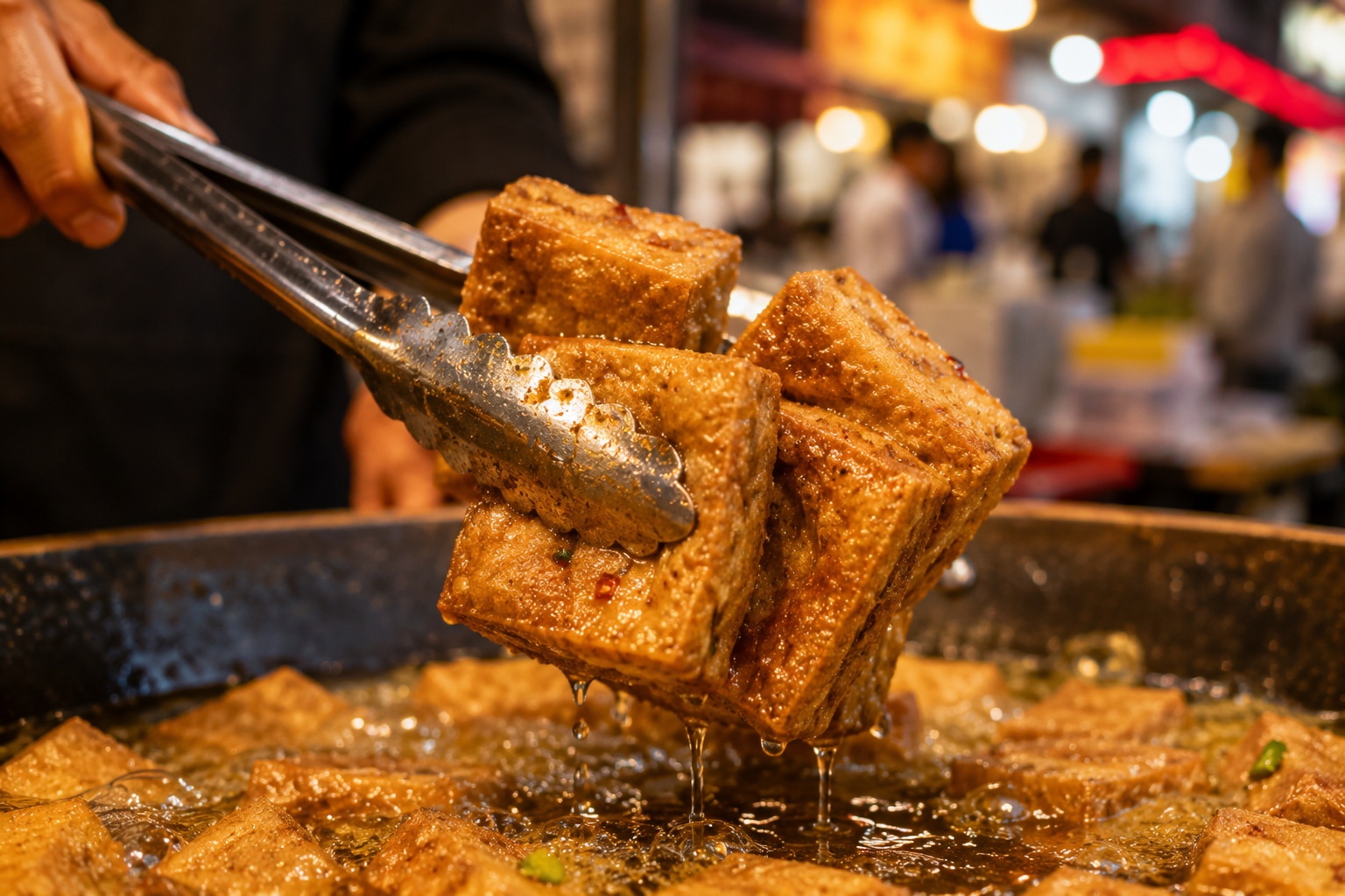Close-up of crispy fried stinky tofu being lifted from hot oil at a Chinese street food stall.