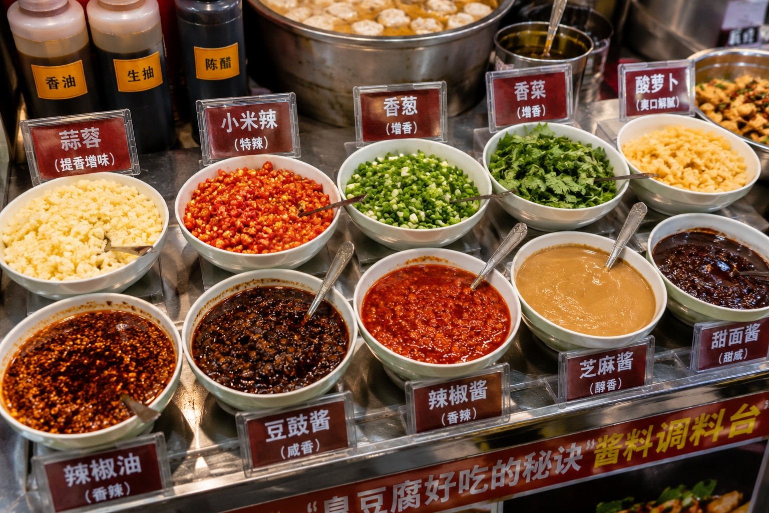 Assortment of spicy and savory sauces available for customization at a Chinese night market food stall.